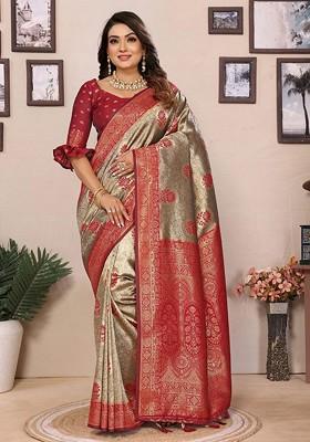 Red Embroidered Blended Saree Set