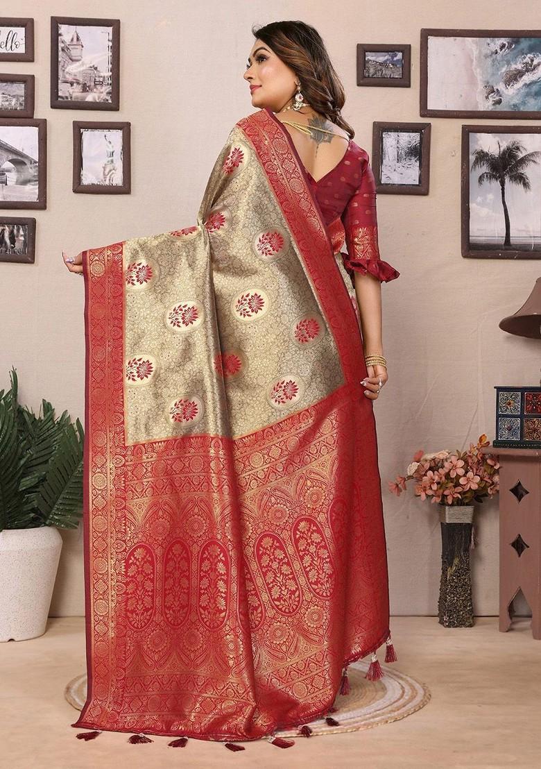 Red Embroidered Blended Saree Set - Indya