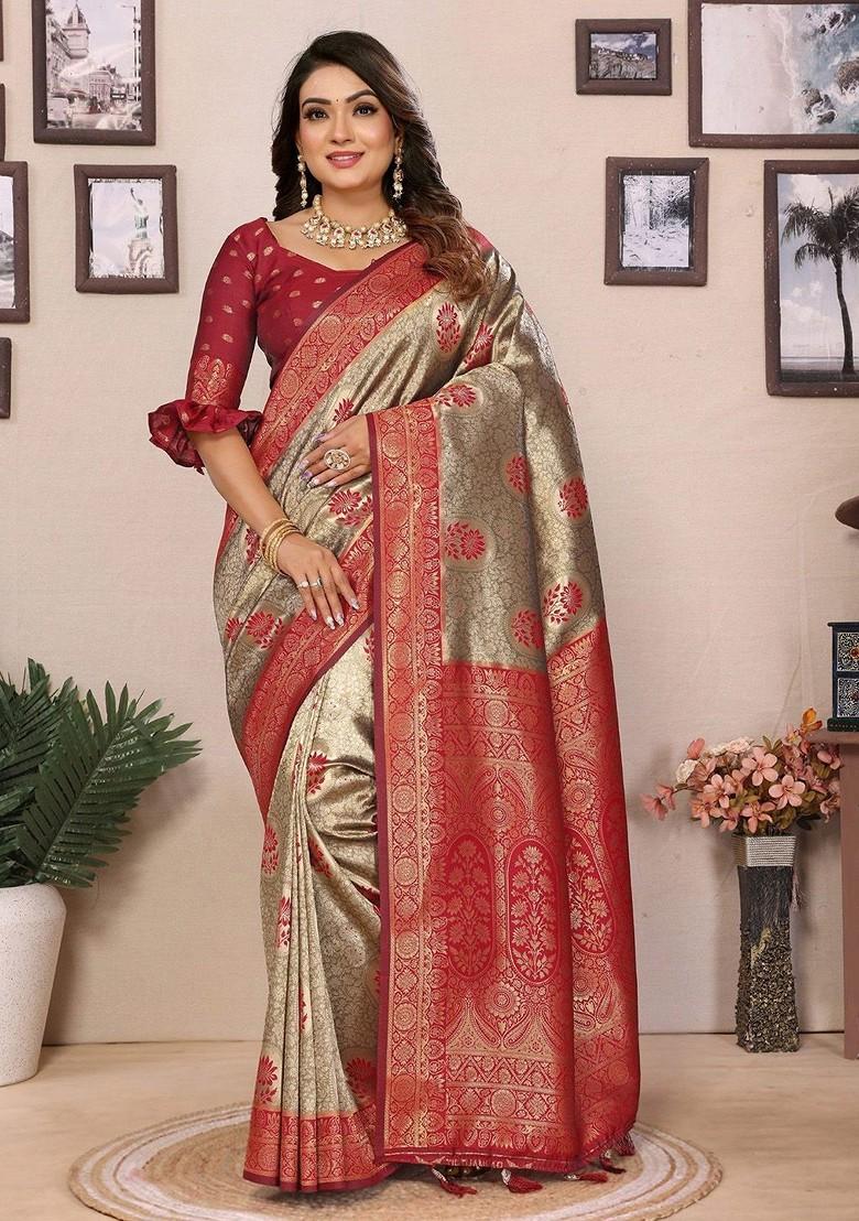 Red Embroidered Blended Saree Set - Indya