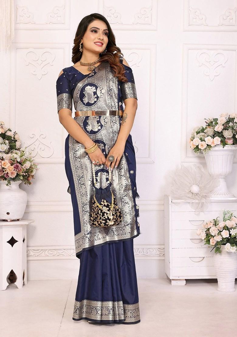 Blue Embroidered Blended Saree Set - Indya