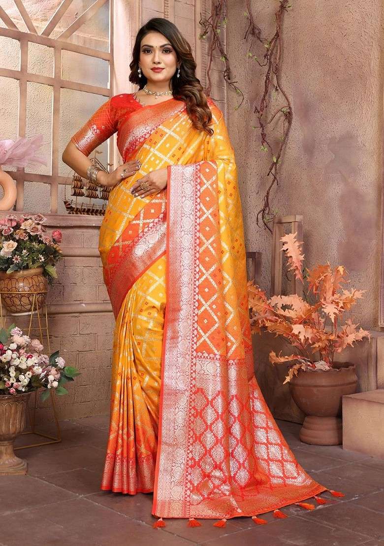 Yellow Embroidered Blended Saree Set - Indya