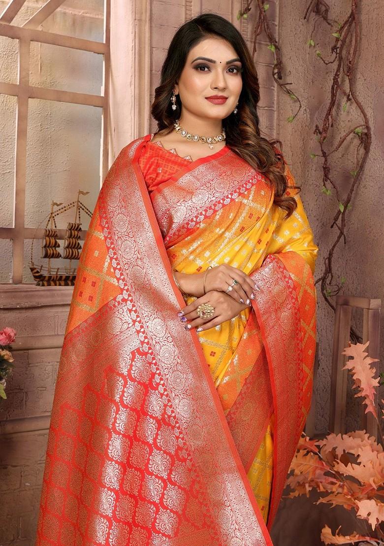 Yellow Embroidered Blended Saree Set - Indya