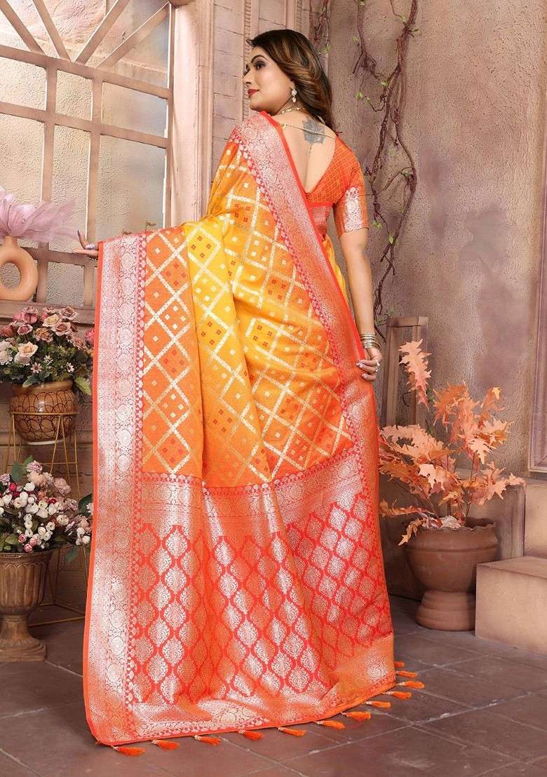 Yellow Embroidered Blended Saree Set - Indya