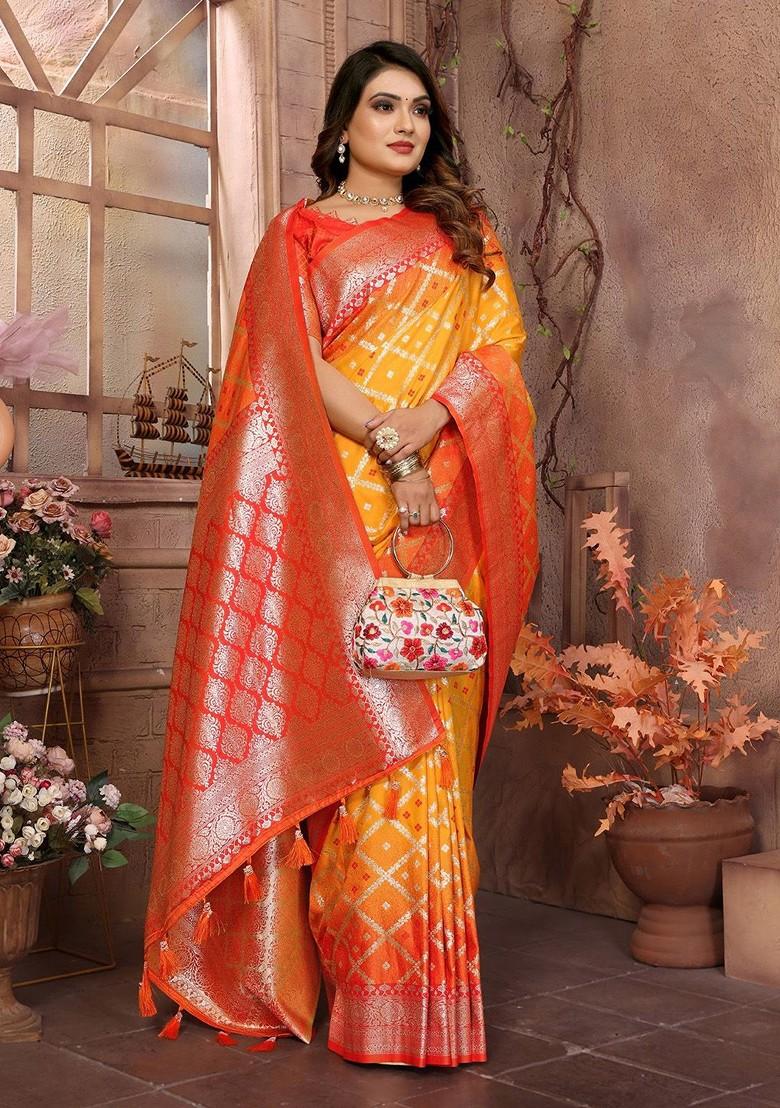 Yellow Embroidered Blended Saree Set - Indya