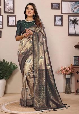 Green Embroidered Blended Saree Set