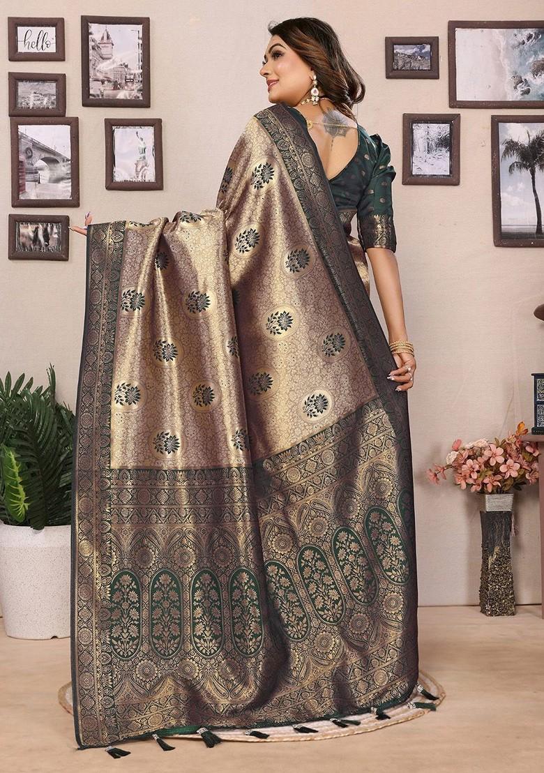 Green Embroidered Blended Saree Set - Indya