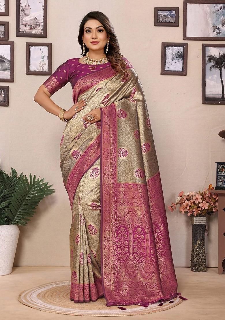 Pink Embroidered Blended Saree Set - Indya