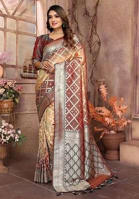 Beige Embroidered Blended Saree Set