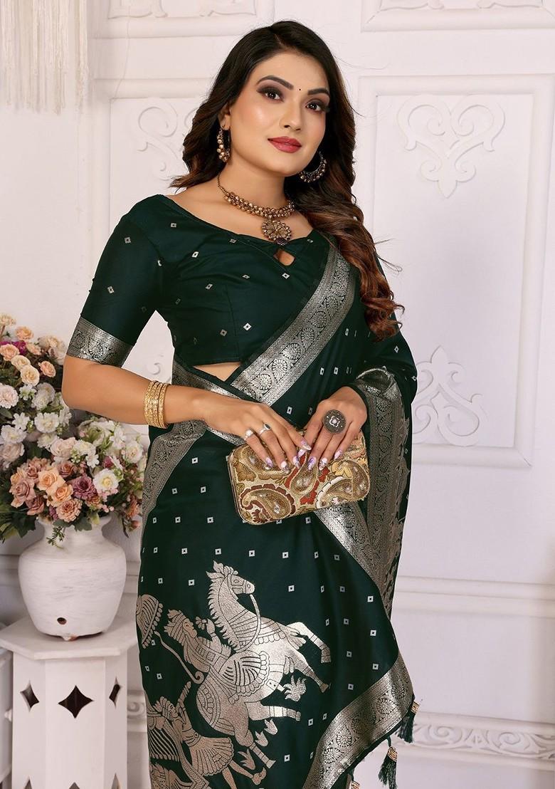 Green Embroidered Blended Saree Set - Indya