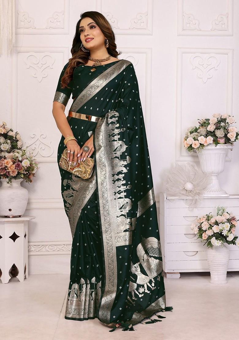 Green Embroidered Blended Saree Set - Indya