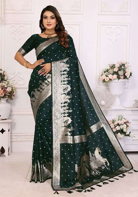 Green Embroidered Blended Saree Set for Diwali and Festive Wear
