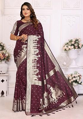 Burgundy Embroidered Blended Saree Set