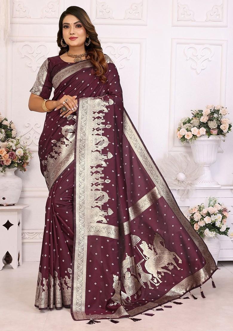 Burgundy Embroidered Blended Saree Set - Indya