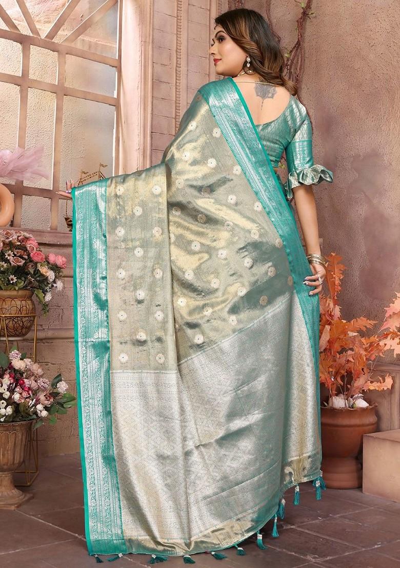 Blue Embroidered Blended Saree Set - Indya