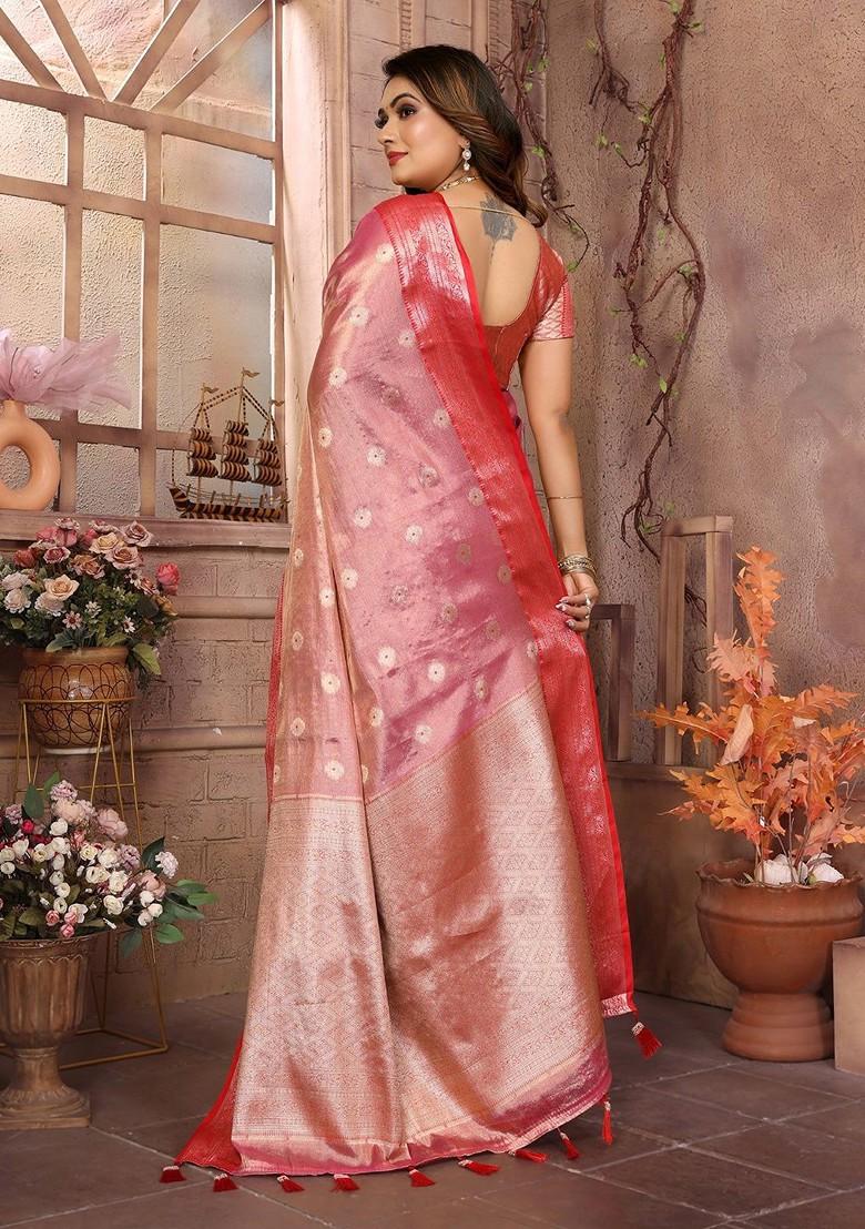 Pink Embroidered Blended Saree Set - Indya