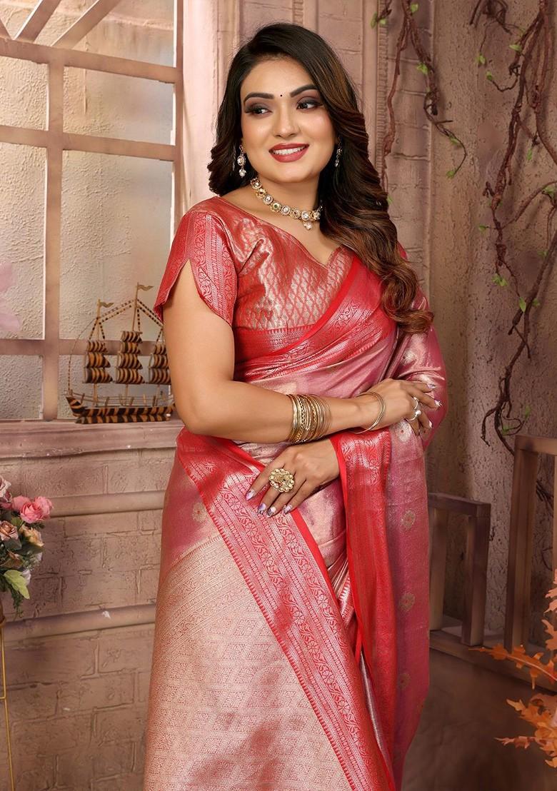 Pink Embroidered Blended Saree Set - Indya