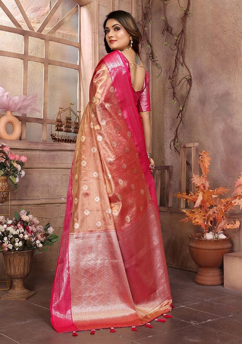 Orange Embroidered Blended Saree Set - Indya