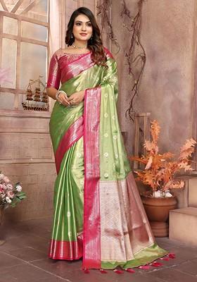 Green Embroidered Blended Saree Set