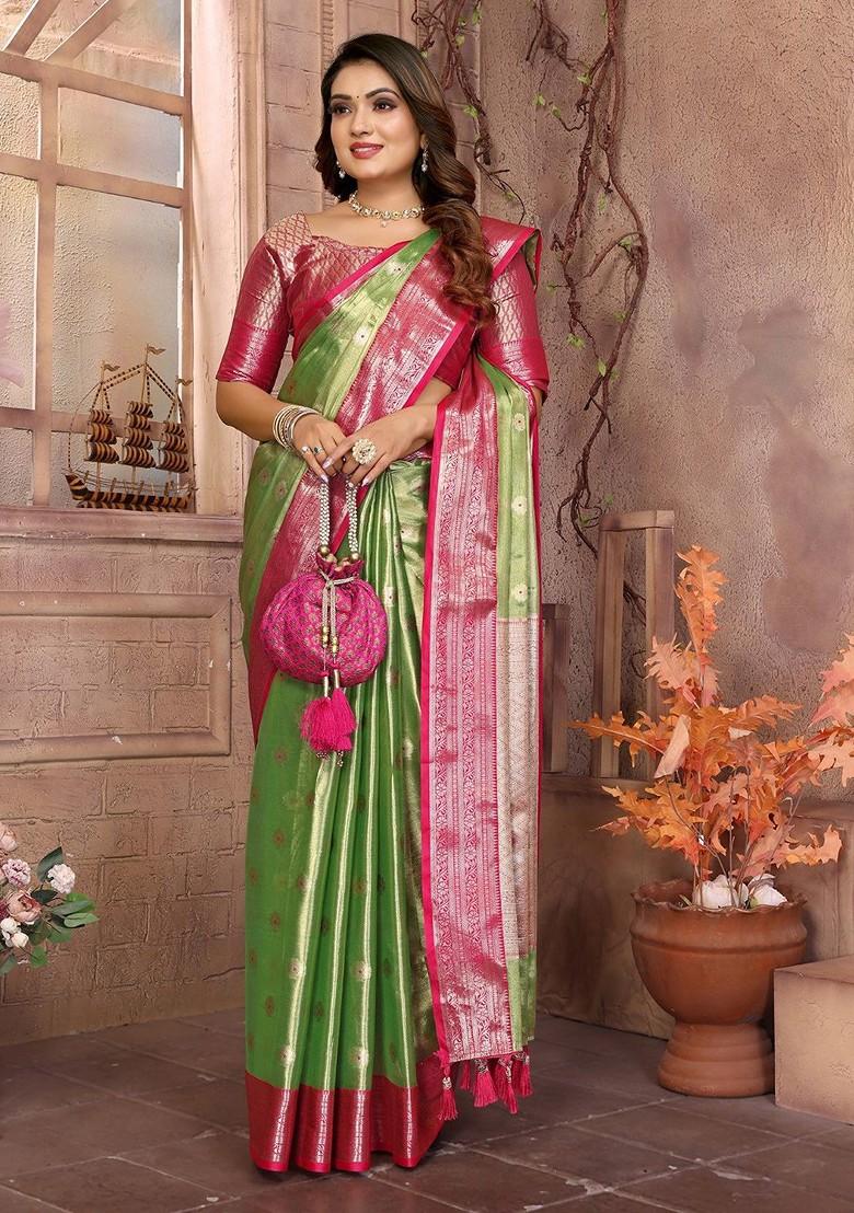 Green Embroidered Blended Saree Set - Indya