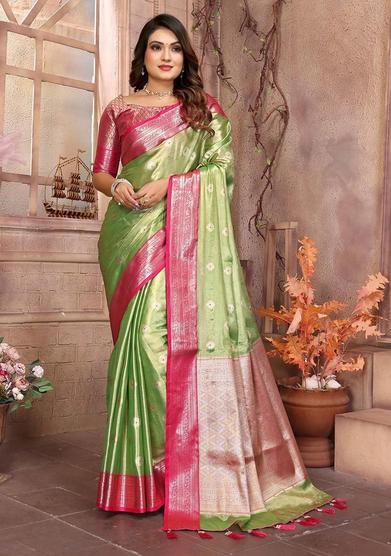 Green Embroidered Blended Saree Set - Indya