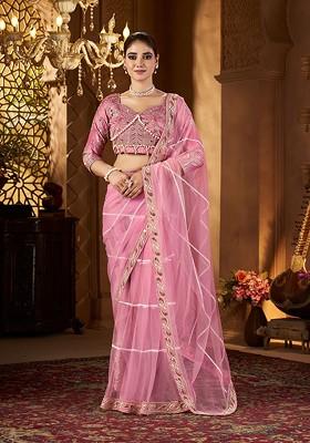 Pink Embroidered Blended Saree Set