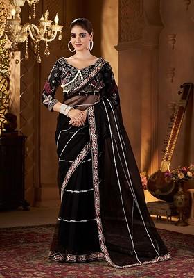 Black Embroidered Blended Saree Set