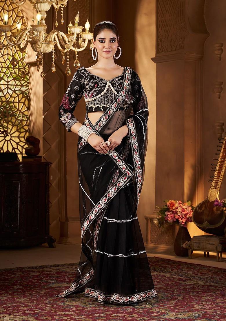 Black Embroidered Blended Saree Set - Indya