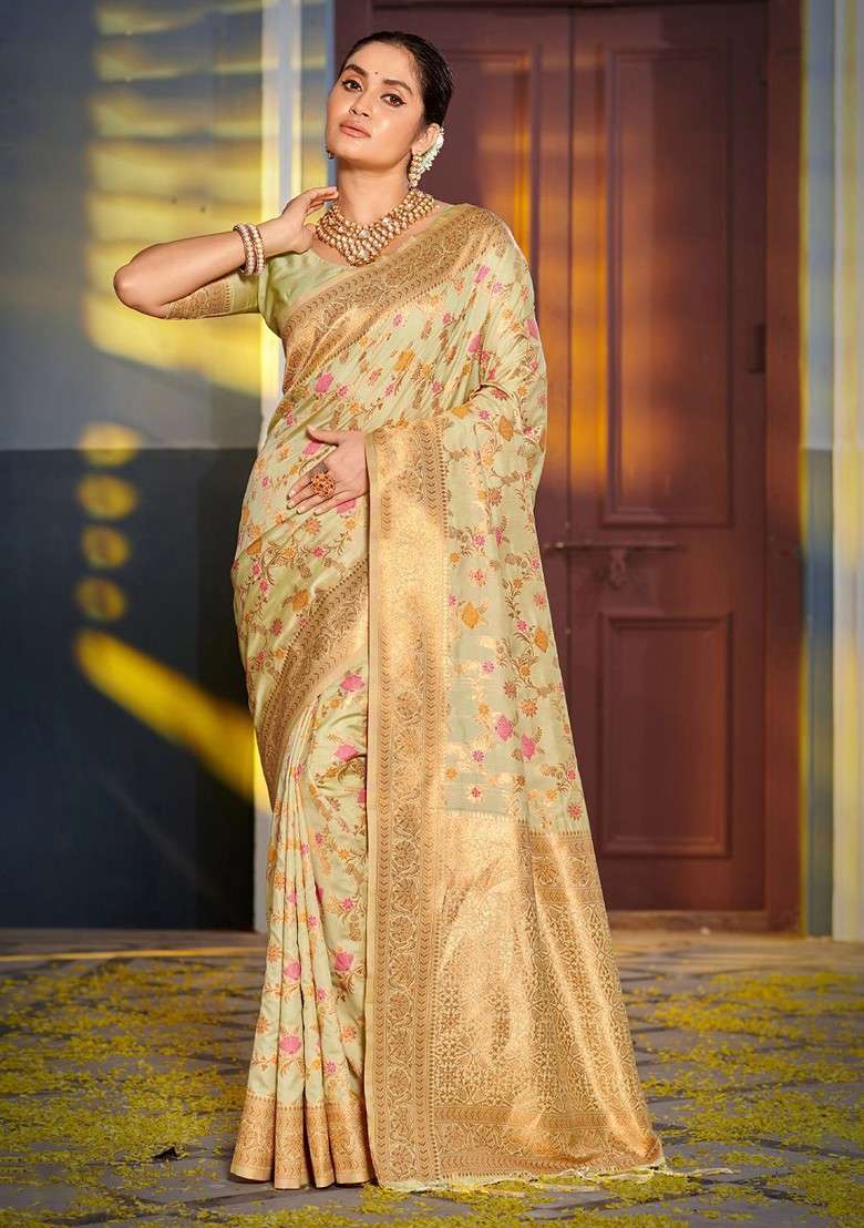 Green Embroidered Blended Saree Set for Diwali and Festive Wear - Indya