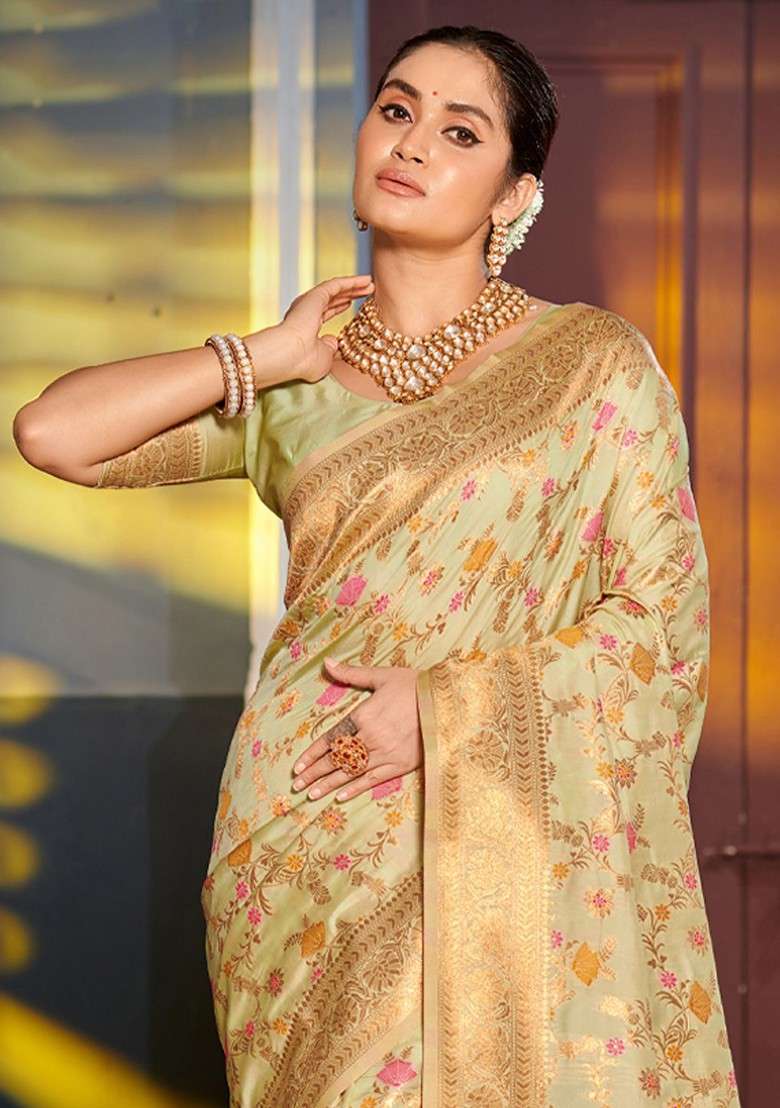 Green Embroidered Blended Saree Set for Diwali and Festive Wear - Indya