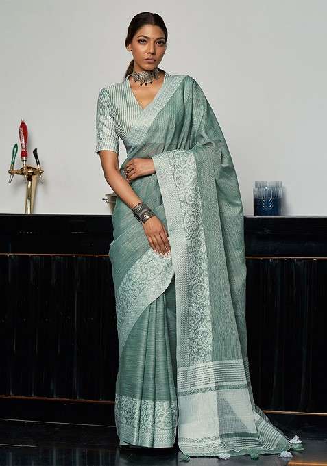 Green Embroidered Blended Saree Set for Diwali and Festive Wear