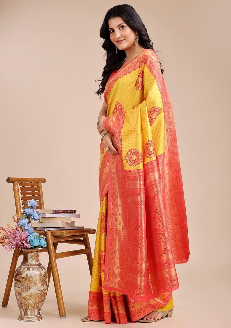 Yellow Embroidered Blended Saree Set - Indya