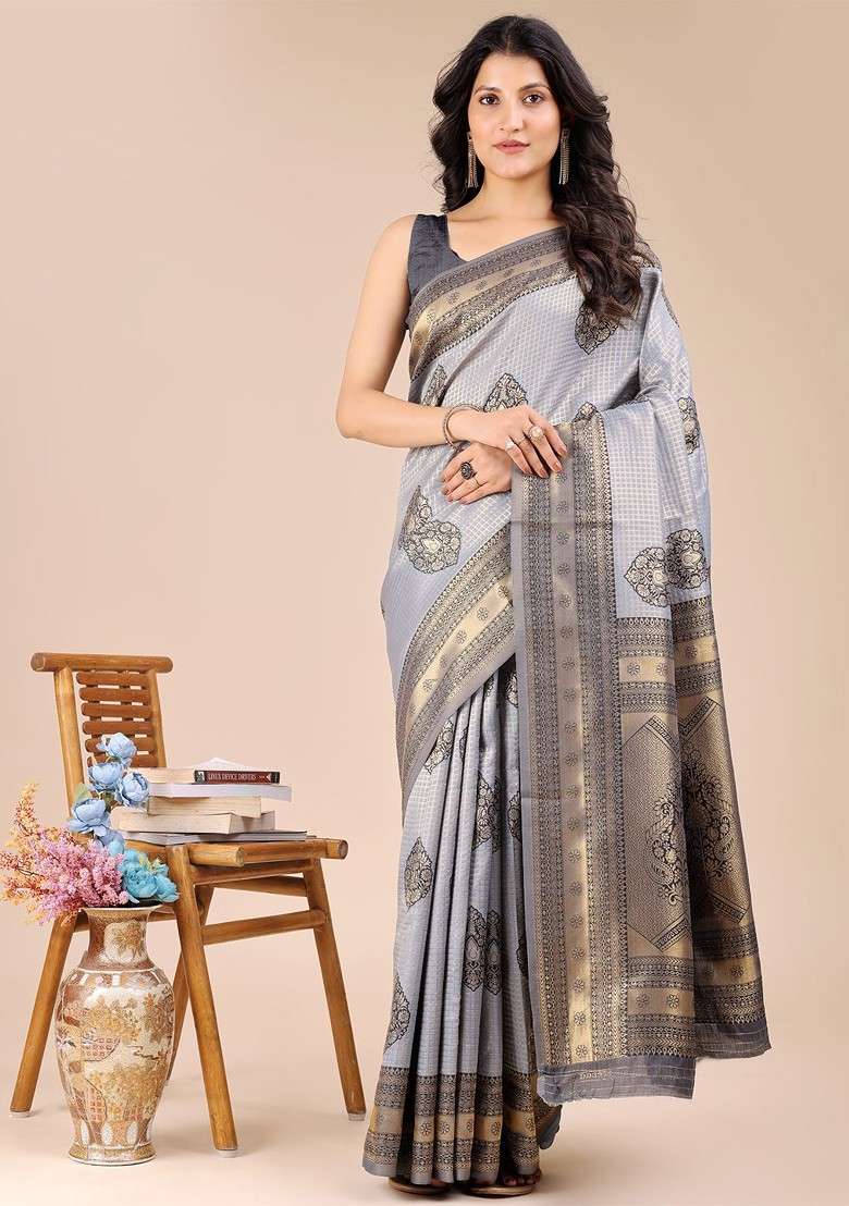Grey Embroidered Blended Saree Set - Indya