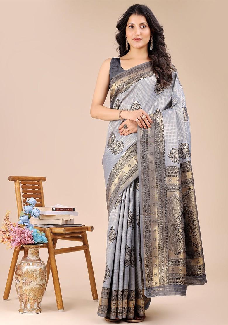 Grey Embroidered Blended Saree Set - Indya