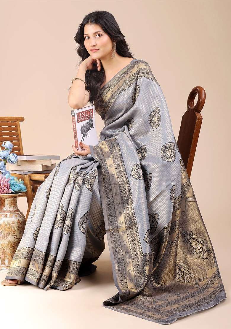 Grey Embroidered Blended Saree Set - Indya