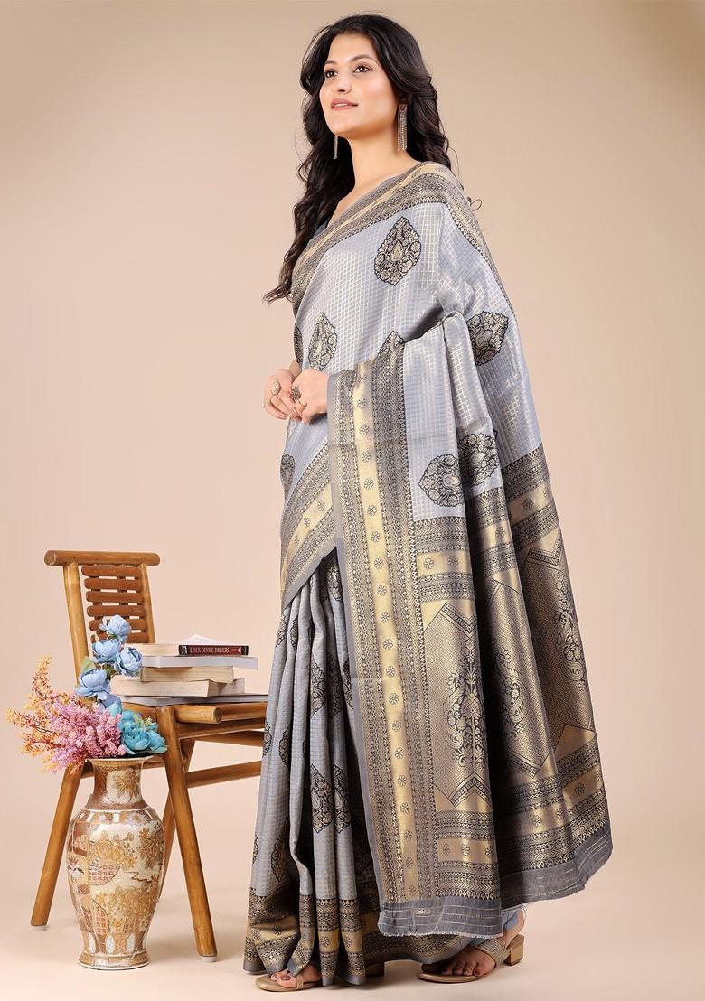Grey Embroidered Blended Saree Set - Indya