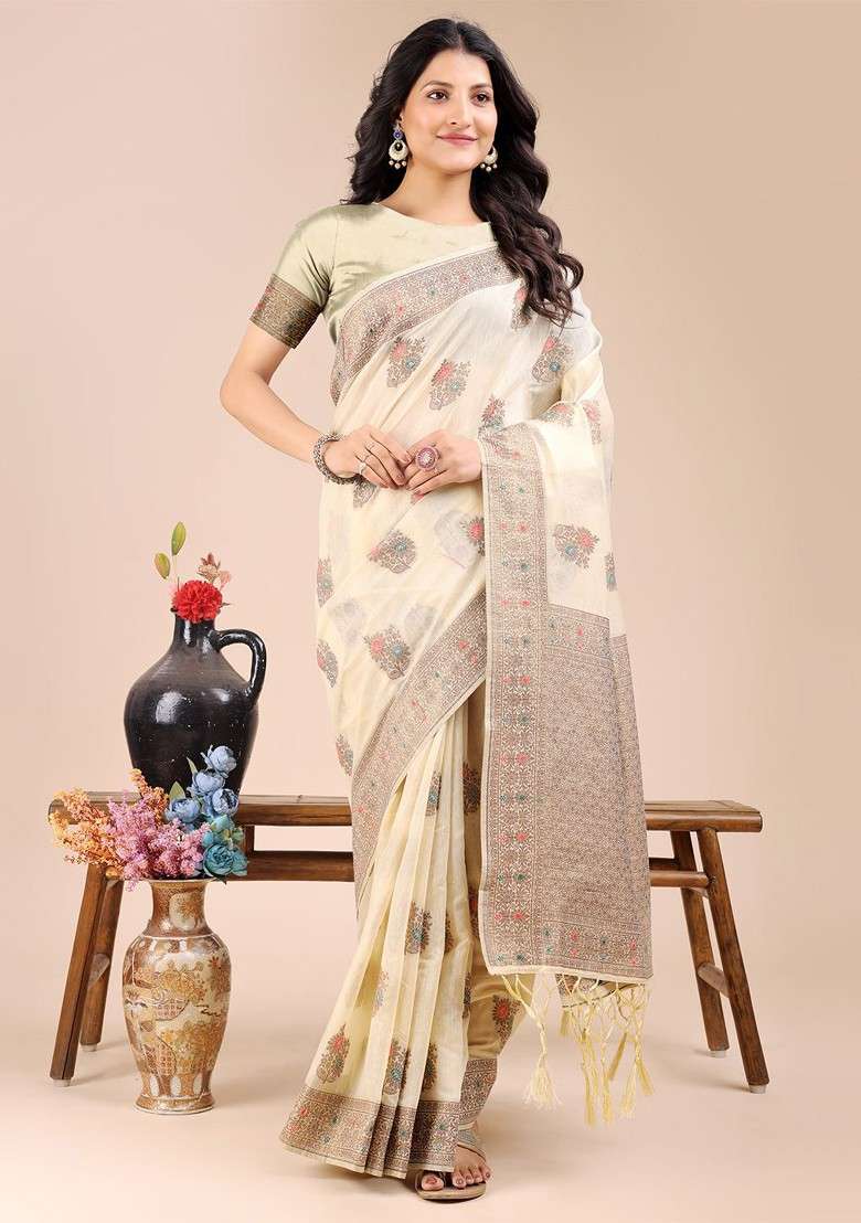 Cream Embroidered Blended Saree Set - Indya