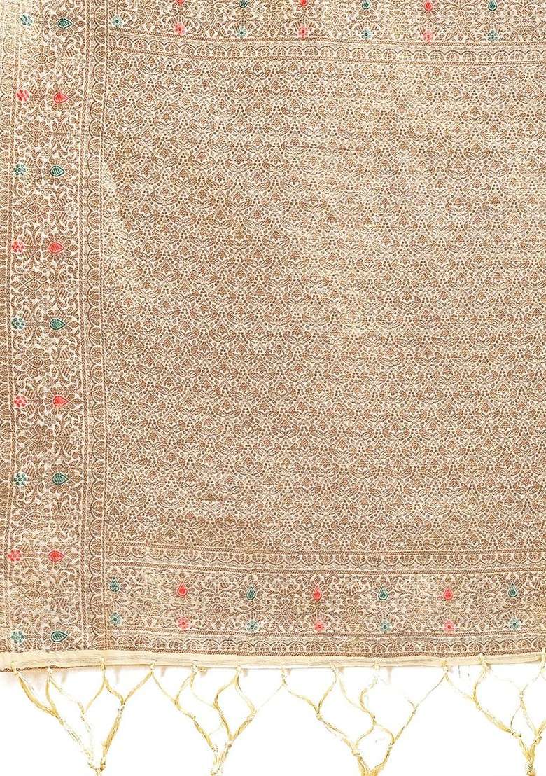 Cream Embroidered Blended Saree Set - Indya