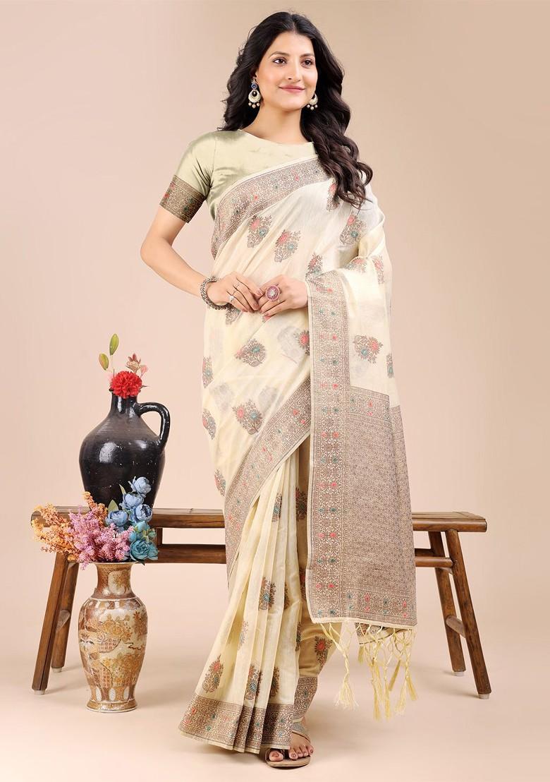 Cream Embroidered Blended Saree Set - Indya