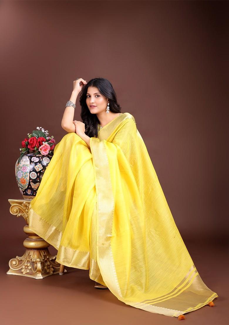 Yellow Embroidered Blended Saree Set - Indya