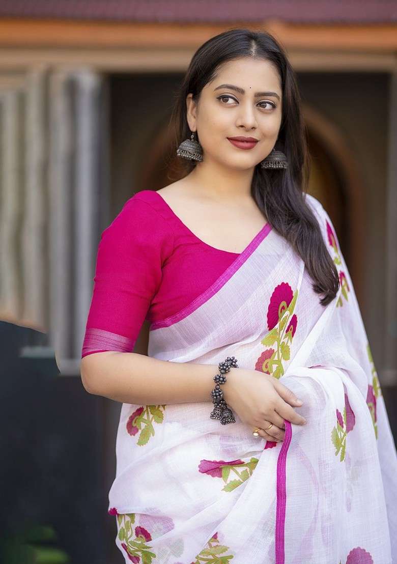White Embroidered Blended Saree Set for Diwali and Festive Wear - Indya