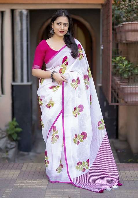 White Embroidered Blended Saree Set for Diwali and Festive Wear