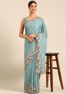 Blue Embroidered Blended Saree Set