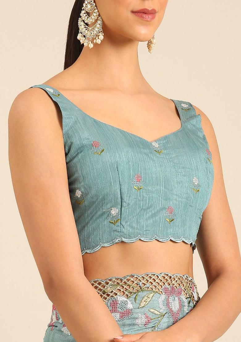 Blue Embroidered Blended Saree Set - Indya