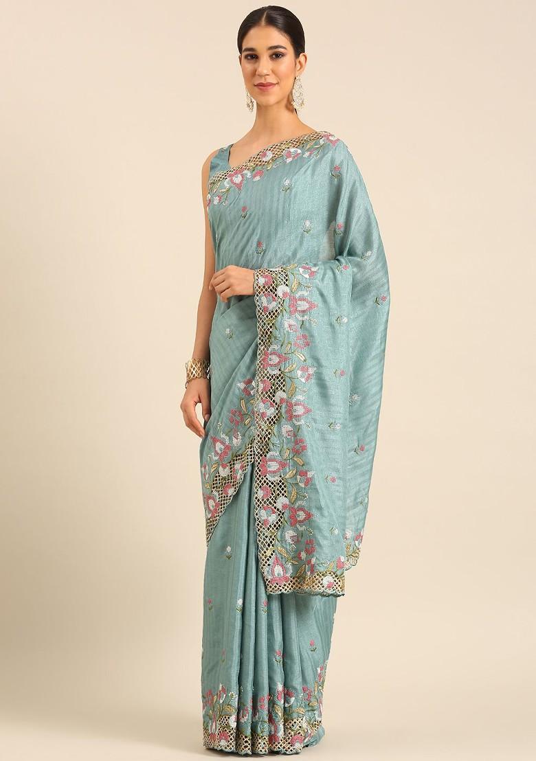 Blue Embroidered Blended Saree Set - Indya