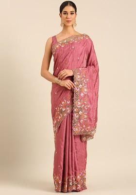 Pink Embroidered Blended Saree Set