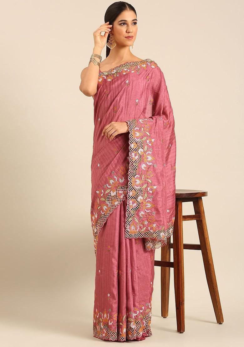 Pink Embroidered Blended Saree Set - Indya
