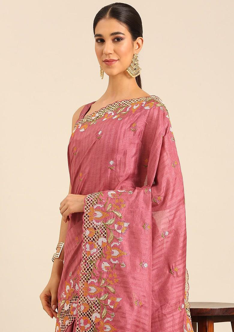 Pink Embroidered Blended Saree Set - Indya