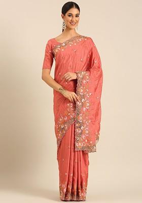 Peach Embroidered Blended Saree Set
