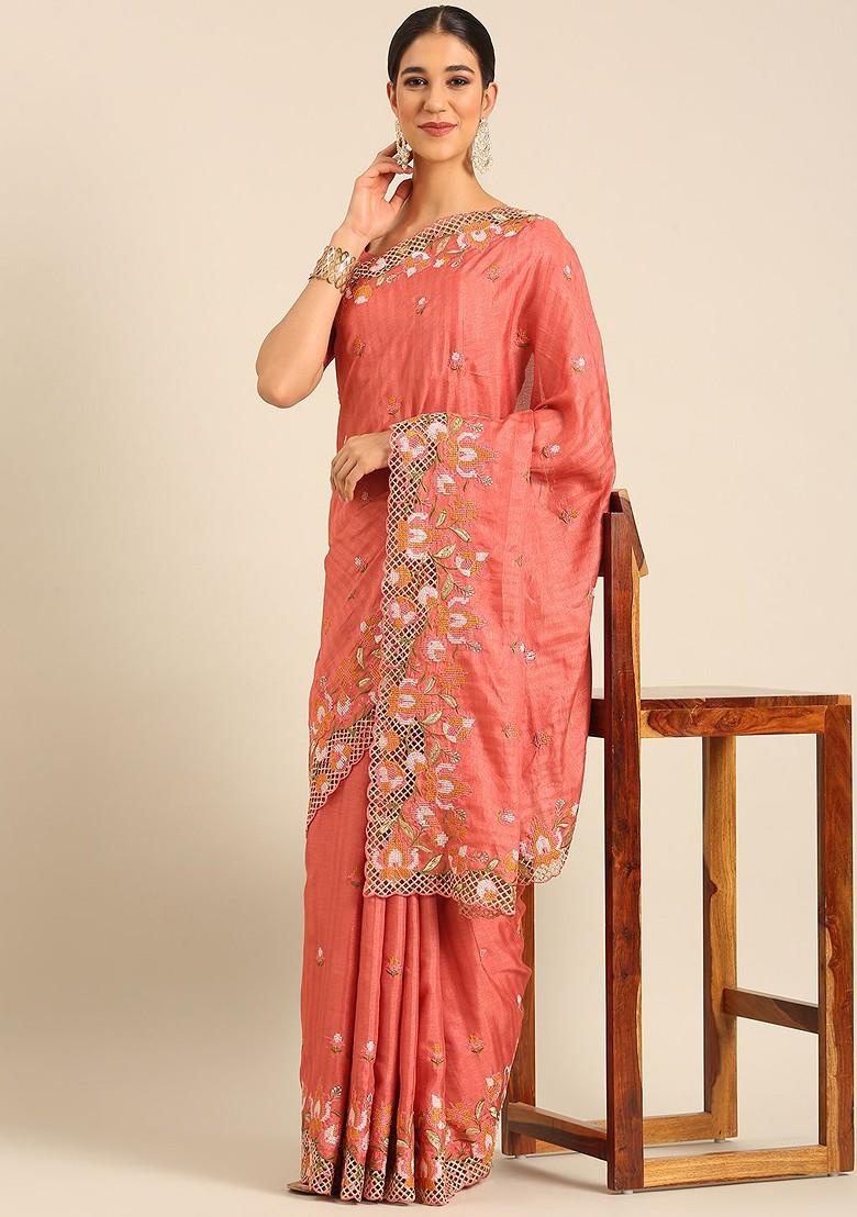Peach Embroidered Blended Saree Set - Indya