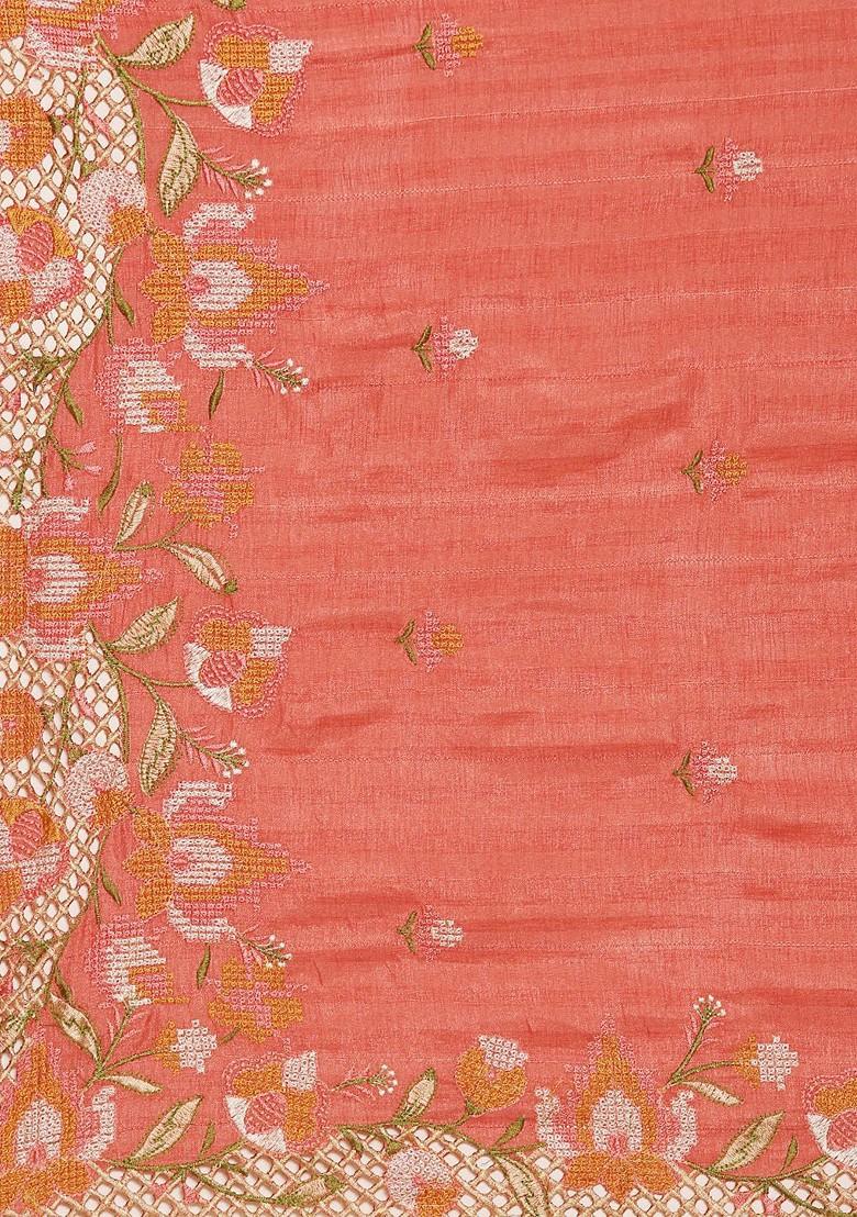 Peach Embroidered Blended Saree Set - Indya